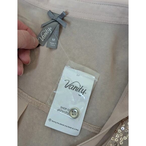 Vanity Blush Pink Sheer Sequin Blouse Women's Medium Long Roll Tab Sleeves New - Picture 5 of 11